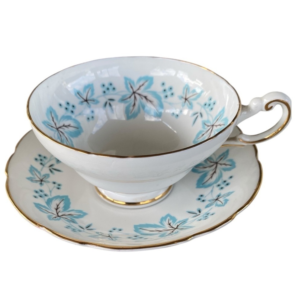 Vintage Regency English Bone China Maple Leaf  Pale Blue Tea Cup & Saucer Set